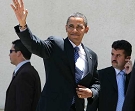 President  Barack Obama  waves as he arrives for talks with Palestinian President Mahmoud Abbas, July , 2008 in Ramallah.(Photo by Getty Images) 