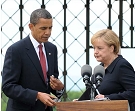 President Barack Obama and German Chancellor Angela Merkel visit the former Buchenwald concentration camp on June 5, 2009. (Getty) 