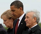 President Obama, German Chancellor  Merkel and Buchenwald survivor Elie Wiesel walk through the former Nazi concentration camp on June 5, 2009. (Getty) 